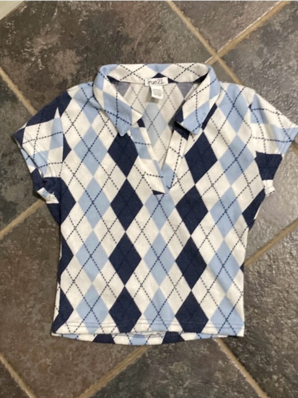 Blue and Navy Argyle-Patterned Short-Sleeved Top Women’s Size M